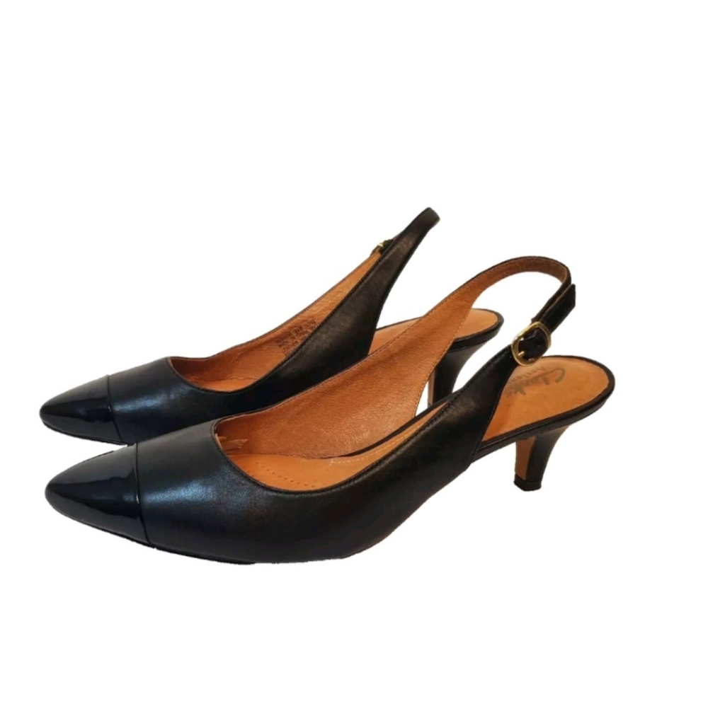 Clarks Womens Black Pointed Toe Shoes SZ 8.5 M Patent Leather Toe Slingback